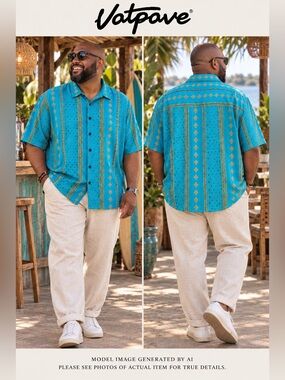Vatpave Geometric Print Button Front Camp Shirt 3XL Textured Artsy Unique Bright